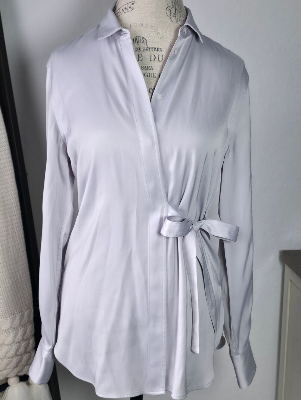 3.1 Phillip Lim Satin Button Up Wrap Shirt Side Tie Size 6, Gray, Collared, Long